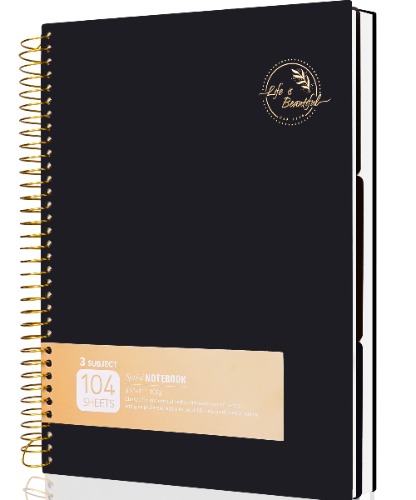 8.5 x 11 Large Spiral Notebook Hardcover Spiral Notebook 3 Subject Spiral Notebook for Note Taking 100gsm Premium Paper 104 Sheets College Ruled Journal for School Office Supplies Writing Journal,Black - Black