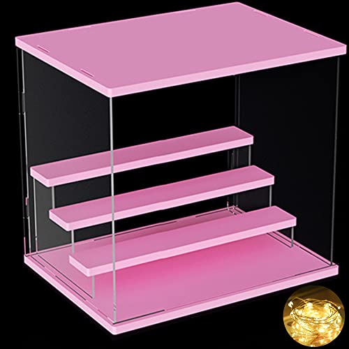 DuvinDD Acrylic Display Case for Action Figure Amiibo Clear Countertop Showcase Dustproof Protection Collectibles Display Stand Organizer Home Storage Box (12.5" L x 10" D x 12" H) - Pink - 4-tier (with lid and base)