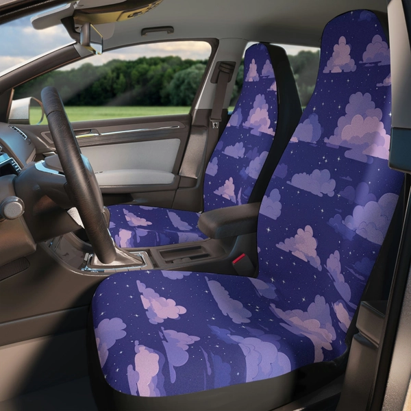 Cloudy Purple Pastel Stars Aesthetic Car Seat Covers Set of 2 | Magical Girl Kawaii Cozy Gamer Accessories Retro Aesthetic Car Seat Covers