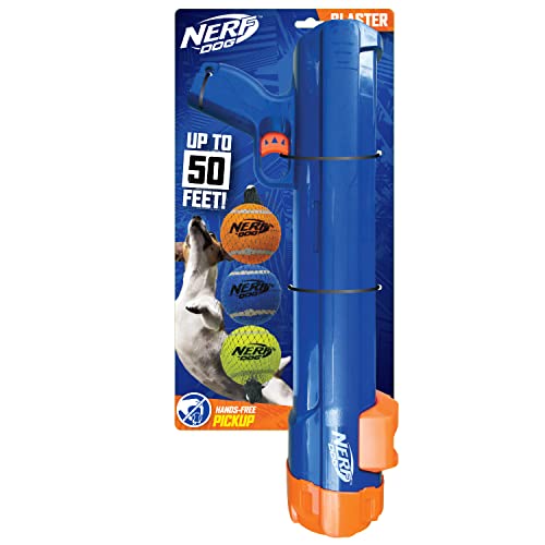 Nerf Dog Large Size Tennis Ball Blaster Dog Toy, Great for Fetch, Hands-Free Reload, Launches up to 50 ft, Single Unit, 20in Blaster with 3 Balls in Mesh Bag, Blue/Orange, Blue, Green and Orange - 20 in Large Blaster with 3 Balls - 3