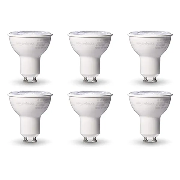 Amazon Basics MR16 LED Light Bulb, 50 Watt Equivalent, Energy Efficient 7W, GU10 Base, Warm White 3000K, Dimmable, 10,000 Hour Lifetime , 6-Pack