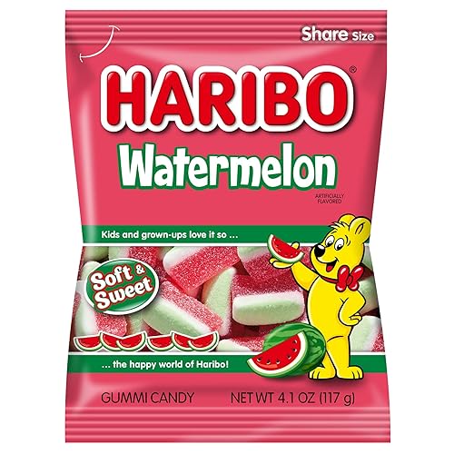 HARIBO Gummi Candy, Watermelon Gummy Candy, 4.1 Ounce Share Size Bags (Pack of 12) Delicious Soft, Chewy & Juicy Sweet Snacks, Fruity Watermelon Flavor - Watermelon - Pack of 12