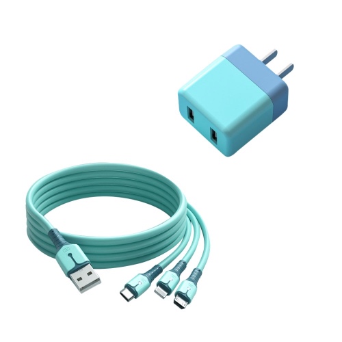 1-Meter Turbo Fast-Charging Charger with 3-Port Cord -  Lightning, Type-C, Micro USB - Sky Blue