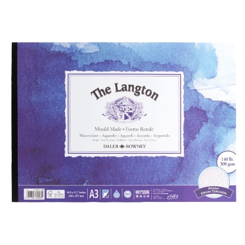 Daler-Rowney The Langton Rough 300gsm A3 Watercolour Paper Pad, Glued 1 Side, Acid-free, 12 Natural White Sheets, Ideal for Professional Artists