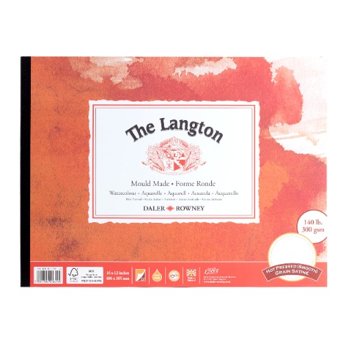 Daler-Rowney The Langton Hot-Pressed 300gsm 16 x12in Watercolour Paper Pad, Glued 1 Side, 12 Natural White Sheets, Ideal for Professional Artists