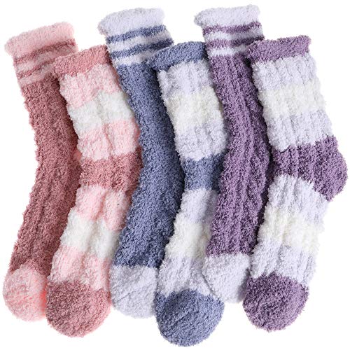 EBMORE Womens Fuzzy Socks Fleece Fluffy Cabin Plush Warm Sleep Soft Cozy Winter Adult Socks - Red / Blue / Purple Stripe (6 Pairs)