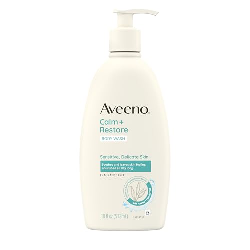 Aveeno Calm + Restore Daily Body Wash for Sensitive, Delicate Skin, Gentle Cleanser with Oat, Aloe & Pro-Vitamin B5 Soothes & Leaves Skin Feeling Nourished, Fragrance Free, 18 fl. oz - pH Balanced Body Wash