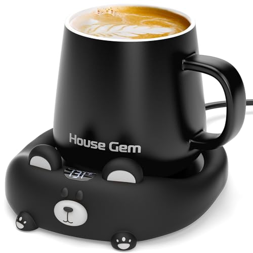 House Gem Coffee Mug Warmer for Desk, Candle Warmer Plate, 10oz Beverage Cup Heated Set with Auto Shut Off Timer (Black White) - White Face & Mug