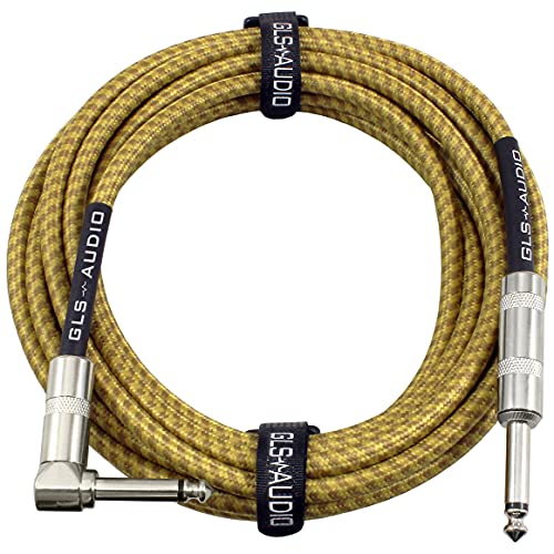 GLS Audio Instrument Cable - Amp Cord for Bass & Electric Guitar - Straight to Right Angle 1/4 Inch Instrument Cable - Brown/Yellow Braided Tweed, 20ft - 20 Ft. - Right-Angle - Gold