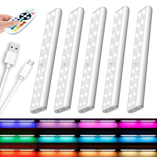Under Cabinet Lights Wireless, 48-LED Rechargeable Under Cabinet Lighting with Remote Control, Under Counter Lights RGB Bar Perfect for Kitchen,Bookcase,Shelf,Hallway,5 Pack, 15 Color Changing - Rechargeable / 5 Pack