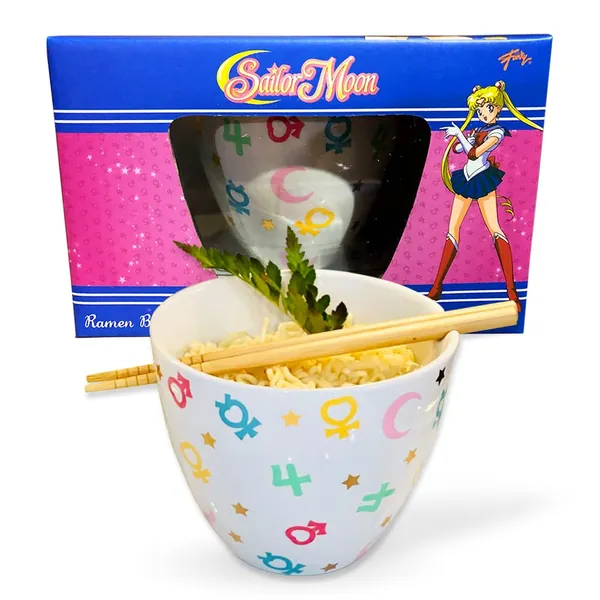 Sailor Moon Symbol Ramen Soup Rice Bowl with Chopsticks, Features symbols for each Sailor Scout, 16oz, by Just Funky - Mars, Venus, Jupiter, Mercury, Magical Girls - 