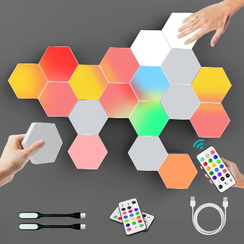 Hexagon Lights, RGB Hexagon Wall Lights with Remote, Smart Hexagonal Wall Panels, Touching LED Wall Lights with USB-Power, Splicing DIY Color-Changing Gaming Lights Used in Gift, Bedroom Decor-6 Packs - 6