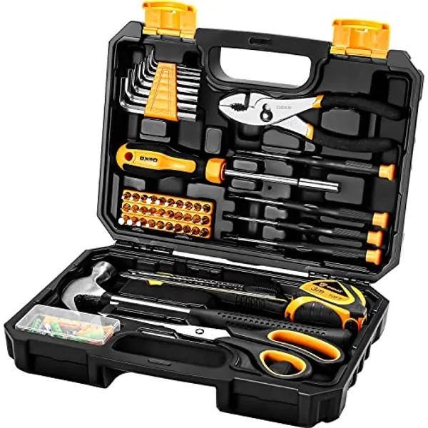 DEKOPRO General Household Hand Tool Kit with Plastic Toolbox Storage Case, All Purpose Home Tool Kit Includes Essential Tools for Office College Repairs, 50 Piece