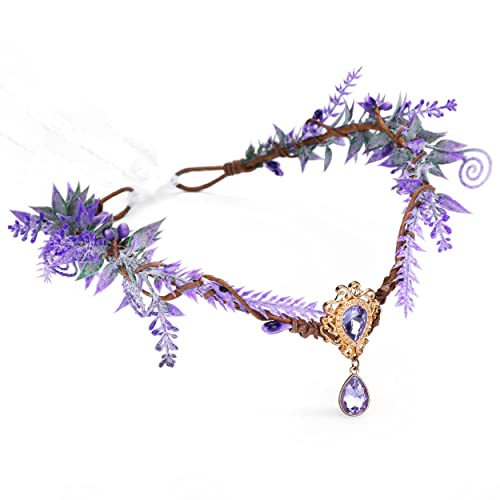 MOSTORY Fairy Flower Crown Elf Floral Headband Elven Crystal Headpiece Bohemian Circlet for Renaissance Halloween Christmas Cosplay Photoshoot Party - Purple
