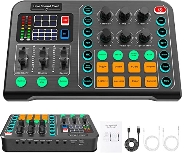 Live-Soundkarte und Audio-Interface mit DJ Controller Effekten und Sprach-Wechsler,Bluetooth Stereo Audio Mixer mit Soundboard, für Live Youtube Streaming, PC, Aufnahmestudio und Gaming - Audio-Interface