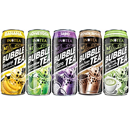 (Pack of 5) INOTEA Bubble Tea Variety Pack with ATIUS Thank You Card. Milk Tea with Boba Pearls in a Can (16.6oz/can). Assorted Flavors - 1 Can of Each 5 Flavors (Brown Sugar, Taro, Matcha, Banana, Honeydew). Straws Included. - 16.6 Fl Oz (Pack of 5)