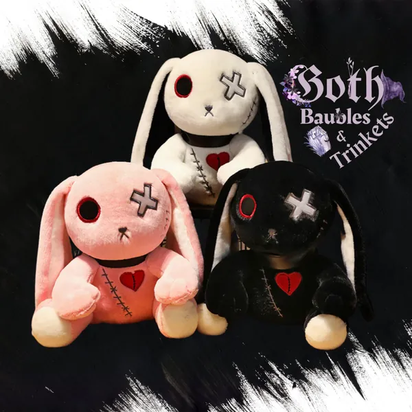 Tough Love Bunny | Goth Plush | Gothic Plushy | Stuffed Plush Animals | Knock Out Bunny | Stitched Up Rabbit | Love Me Goth Bunny