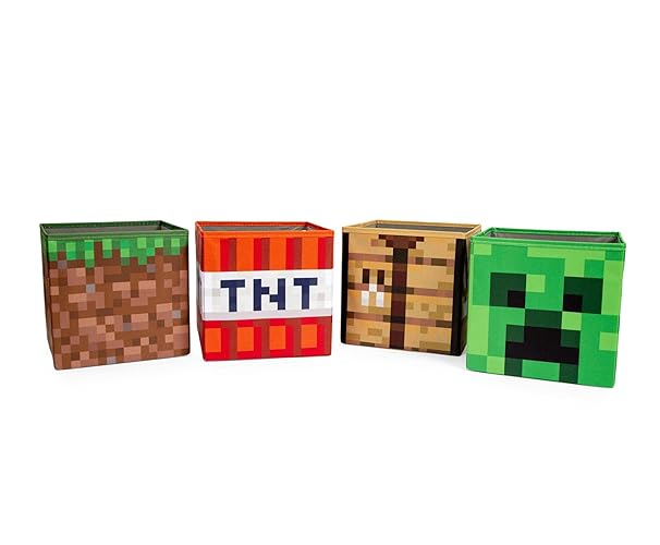 Minecraft 10-Inch Storage Set of 4 Bins | Includes Creeper, TNT, Grass, Crafting Table | Fabric Basket Container, Cubby Closet Organizer, Home Decor for Playroom | Video Game Gifts And Collectibles