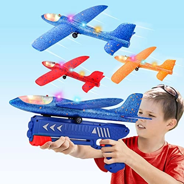 3 Pack Airplane Launcher Toy, 12.6" Foam Glider Led Plane, 2 Flight Mode Catapult Plane for Kids Outdoor Sport Flying Toys Gifts for 4 5 6 7 8 9 10 12 Year Old Boys Girls