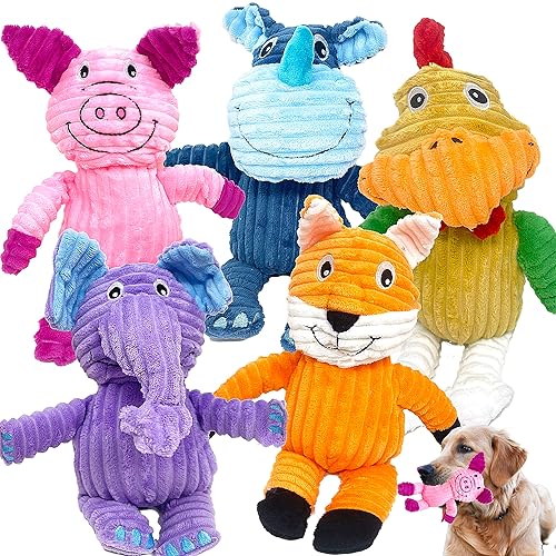 Jalousie 5 Pack Tough Plush Animal Dog Toys Assortment Value Bundle Dog Squeaky Toys Assortment Puppy Pet Mutt Dog Toy Dog Squeak Toy for Medium Large Dogs - Medium to Large Breeds - 5 Pack Corduroy