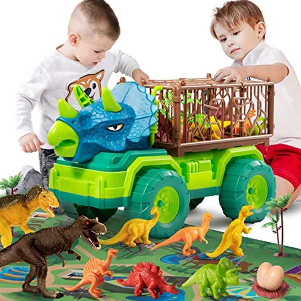 TEMI Dinosaur Toys for Toddlers Kids 3-5, Triceratops Transport Car Carrier Truck with 8 Dino Figures, Play Mat, Dino Eggs and Trees, Capture Jurassic Dinosaurs Play Set for Boys and Girls