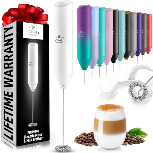 Zulay Kitchen Powerful Milk Frother Wand - Mini Milk Frother Handheld Stainless Steel - Battery Operated Drink Mixer for Coffee, Lattes, Cappuccino, Matcha - Froth Mate Milk Frother Gift - White - Blizzard White