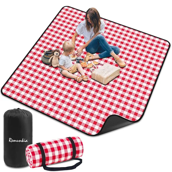 Big Picnic Blanket Outdoor Blankets 79"x 79" Extra Large 3 Layers Waterproof Picnic Mat Oversized & Portable for Beach, Park, Camping, Travel, Hiking - Red & White - Red and White