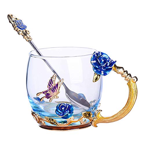 Goodking Enamel Butterfly Flower Lead-free Glass Coffee Mug Flower Tea Cups with Spoon, Ideal For Women Mom Grandma Wife Friend Wedding Anniversary Birthday Christmas Valentines Day, 11oz - Blue rose