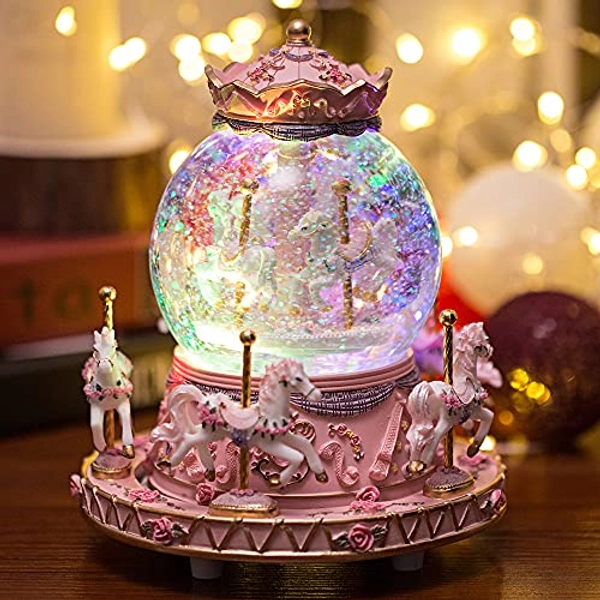 LOVE FOR YOU Gift Wrapped Music Box Carousel Horses Color Changing Lights Unicorn Snow Globe for Women Friends Female Kids Baby Girls Sister Niece Granddaughter Daughter Mom Birthday