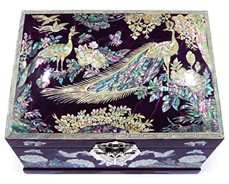 MADDesign Mother of Pearl Jewelry Box Ring Organizer Two Level Peacock Purple