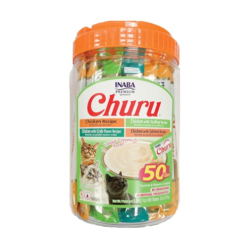 INABA Churu Cat Treats, Grain-Free, Lickable, Squeezable Creamy Purée Cat Treat/Topper with Vitamin E & Taurine, 0.5 Ounces Each Tube, 50 Tubes, Chicken & Seafood Variety - Chicken & Seafood Variety - 0.5 Ounce (Pack of 50)