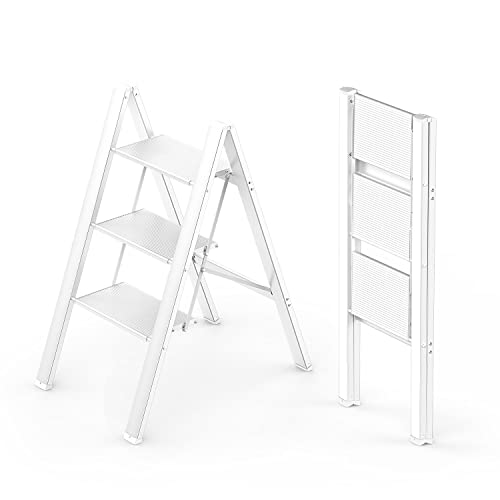 WOA WOA 3 Step Ladder, Folding Stepladder with Anti-Slip Pedal, Lightweight Portable Ladders, Aluminum Step Stool for Home, Kitchen, Office 300lbs - White - 3 Step - White