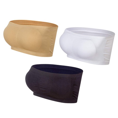 Lemef Dam sömlös sport bh tub topp avtagbar stoppning bandeau - L - 1 x vit, 1 x svart, 1 x hudfärger