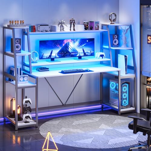 SEDETA White Gaming Desk 78.8'' with LED Lights, Hutch and Storage Shelves, Computer Desk with Monitor Stand, Large PC Gamer Desk Workstation, Ergonomic Gaming Table for Bedroom, Living Room - 78.8 inches - White