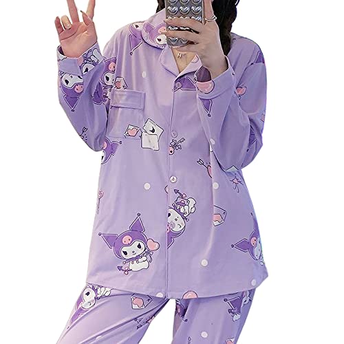 Ocroyea Kawaii Pajamas For Women Two-Piece Set Cute Cartoon Girls Pajamas Casual Cardigan Sleepwear Home Clothes - Medium - Purple