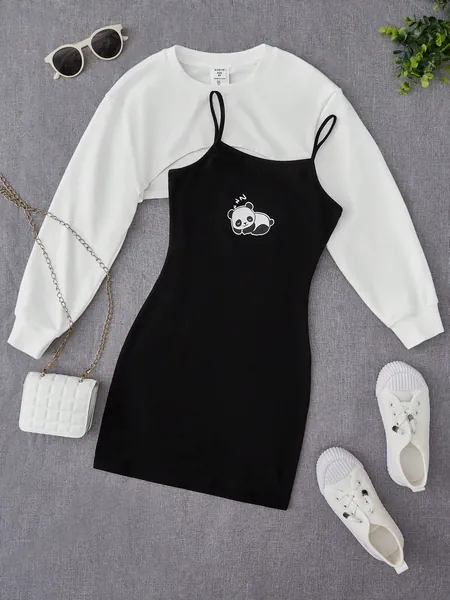 SHEIN Chica preadolescente de hombros caídos súper crop Pullover & con estampado de dibujos animados Vestido de tirantes