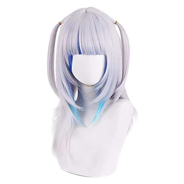 Anime Shark Girl Gura Wig Silver Mixed Blue Medium Cute Twin Ponytail Curly Party Hair Cosplay Props Halloween