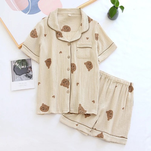Summer Pure Cotton Cute Crepe Bear Pyjamas Sleepwear & Loungewear Set - female khaki / M