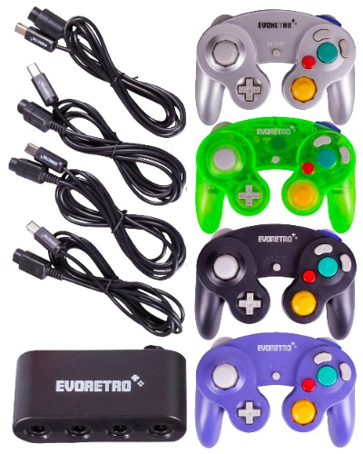 EVORETRO Gamecube Controller 4 Pack Bundle -Controller for Gamecube, Nintendo Switch, Wii, and PC Gaming – Driver-Ready