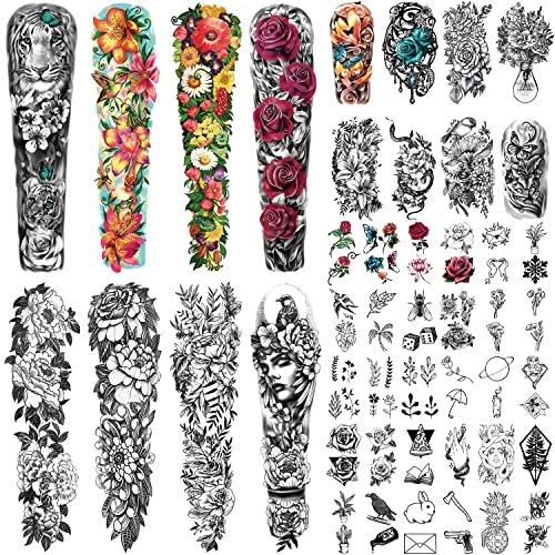 SOOVSY 46 Sheets Extra Size Full Arm Temporary Tattoo for Women with Lion Lily Daisy Peony Rose, Half Arm Temporary Tattoos for Girls with Butterfly Bird Snake Jewel, Fake Tattoos That Look Real - Multicolor-02