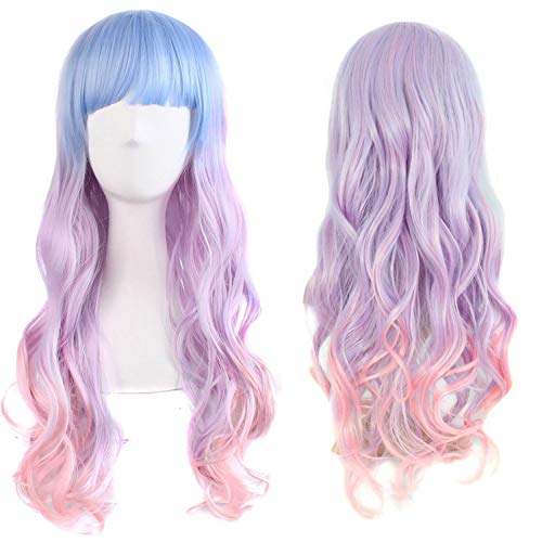 ColorfulPanda Long Wavy Wig Colourful Wigs for Women Girls Harajuku Style Cosplay Party Costume Synthetic Wig(Light Blue/Light Purple/Pink) - Ombre Purple