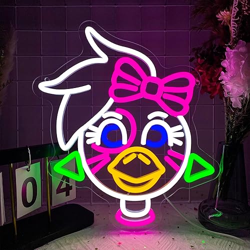 Foxiden Five Nights at Freddy's Fnaf Glamrock Chica Neon Signs for Wall Decor,USB Dimmable Anime Game Neon Light for Man Cave Kids Room Bedroom Bar Birthday Gifts