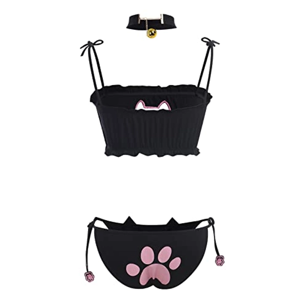Womens Cute Kawaii Anime Cat Kitten Lingerie Set Micro Bikini Strappy Tiny Bra Mini Panty Extreme Swimsuit - One Size - Black-03