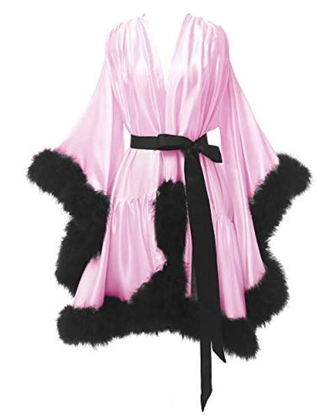 Yexinbridal Feather Fur Robe Silk Satin Bridal Dressing Gown Sexy Illusion Lingerie Nightgown Bathrobe Sleepwear - Small-Medium - Pink+black