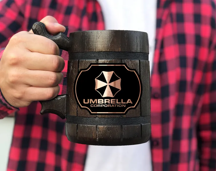 Resident Evil Umbrella Corporation Mug Personalized Gamer Gift For Him Wooden Mug Beer Stein Beer Tankard Gift for Husband Geek Gift Gamer