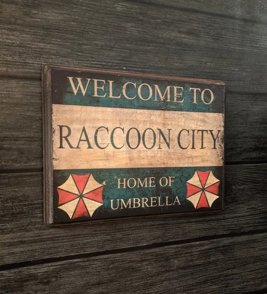 Welcome to Raccoon City Sign inspired by Resident Evil - Wooden Wall Plaque Sign - Handmade wood ink transfer