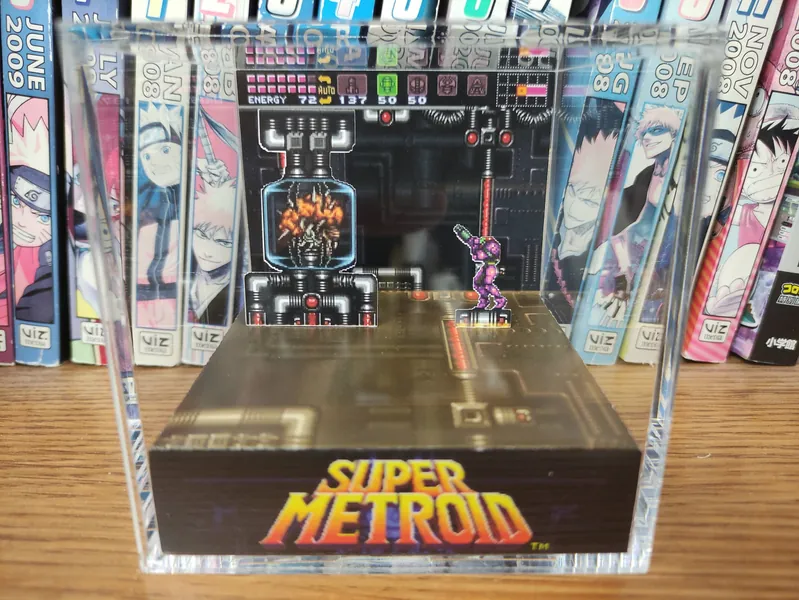 Super Metroid Diorama - Samus Aran vs Mother Brain, Super Metroid 3D Diorama Cube, Handmade Crystal Diorama Cube, Unique Gift for Gamers