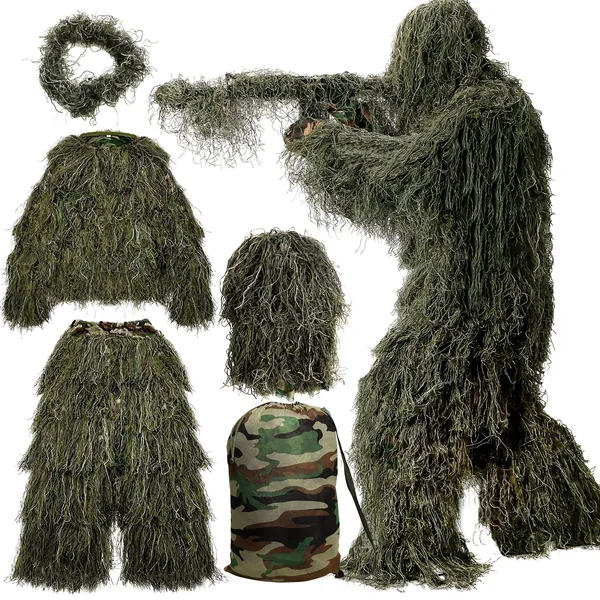 MOPHOTO 5 in 1 Ghillie Suit, 3D Camouflage Hunting Apparel Including Jacket, Pants, Hood, Carry Bag Suitable for Unisex Adults/Youth (M/L/XL/XXL) - Forest Green 5 in 1 (Medium or Large)