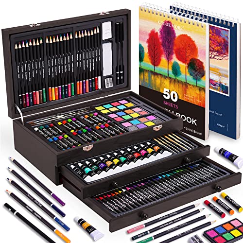 175 Piece Deluxe Art Set with 2 Drawing Pads, Acrylic Paints,Crayons,Colored Pencils,Paint Set in Wooden Case,Professional Art Kit,Art Supplies for Adults,Teens and Artist,Paint Supplies - Brown