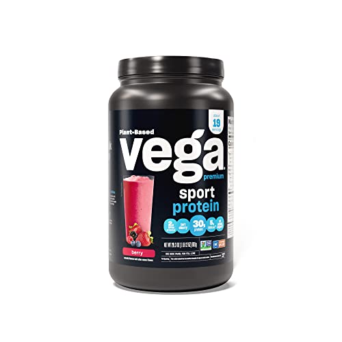 Vega Sport Premium Vegan Protein Powder, Berry - 30g Plant Based Protein, 5g BCAAs, Low Carb, Keto, Dairy Free, Gluten Free, Non GMO, Pea Protein for Women & Men, 1.8 lbs (Packaging May Vary) - Berry
